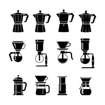 Black coffee maker icons set, professional brewing equipment vector collection, moka pot and french press silhouettes, 12 minimalist cafe symbols