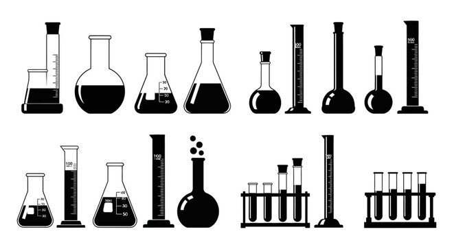 Laboratory glassware vector icons set, chemical beaker and flask silhouettes, scientific research equipment collection for chemistry and biology