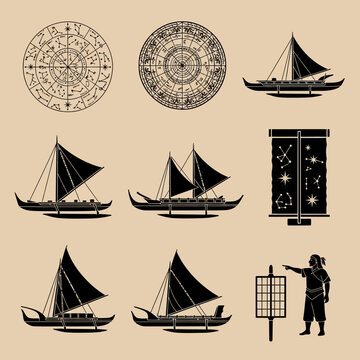 Ancient Polynesian navigation vector set, traditional outrigger canoe silhouettes, celestial star maps and wayfinding icons for maritime history