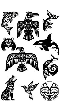 Indigenous Pacific Northwest Coast tribal art vectors, Haida style animal icons set, black and white totem symbols for tattoos and logos