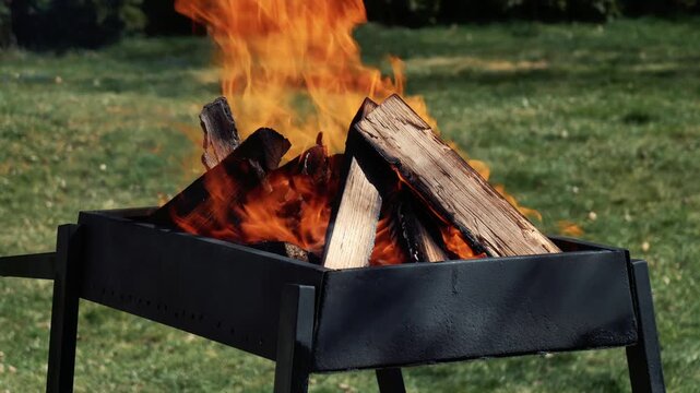 Birch logs burning in a grill on spring holiday, green grass, festive season