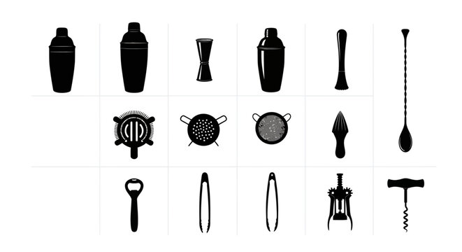 Professional barware tool set icons, black silhouette bartender equipment collection, 14 cocktail making accessories vector illustrations