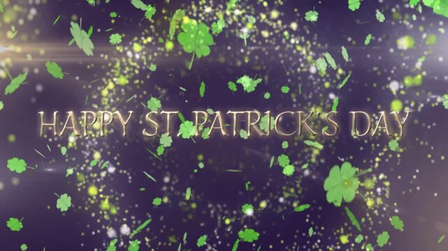 ST PATRICKS DAY gold text and shamrocks emerging from flare in indigo studio, revealing greeting