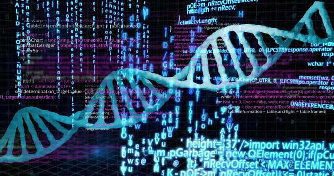 Cyan DNA helix responding to code pulse undulating shifting rotating to show genome data streams