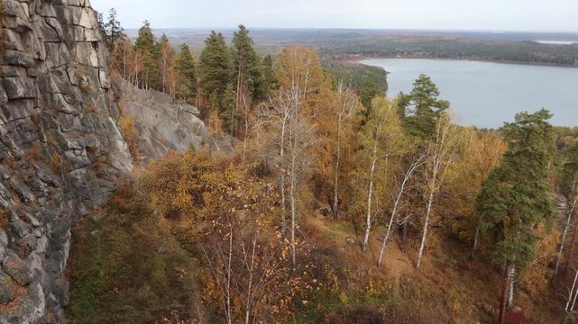 Forest and lake in autumn. 2 Shots. Picturesque view from the mountaintop of a mixed pine-birch autumn forest and lake.
