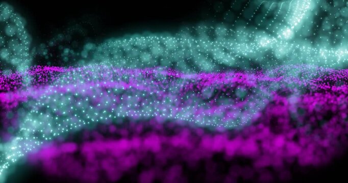 Turquoise ribbon bulging into crest and meeting magenta particle bed, forming hotspot for tech
