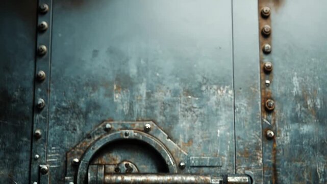 Rusted metal door with an intricate, heavy iron locking mechanism, featuring bolts and scratched textures, creating a robust industrial or secure vault theme