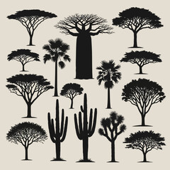 Obraz premium African savanna tree silhouettes, collection of 14 desert plants and acacia trees, black baobab and cactus vector icons for safari landscape design