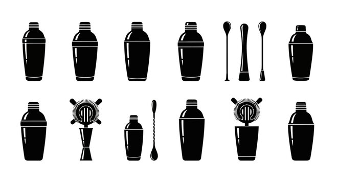 Black cocktail shaker icons set, professional bartender equipment vector collection, barware tools and mixology accessories for menu design