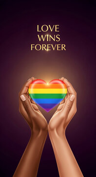Digital art of dark-skinned hands holding a heart painted with rainbow flag colors on dark background, representing love, tolerance and LGBTQ+ rights