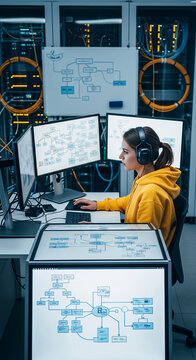 Woman in server room with multiple screens displaying diagrams, representing data analysis, system administration or IT infrastructure management
