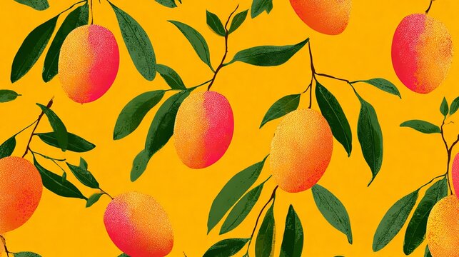 Repeating mango shapes create a seamless pattern on a yellow background, perfect for colorful summer fabrics, packaging, or invitations.