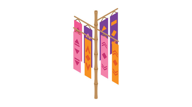 Colorful hanging fabric banners display.