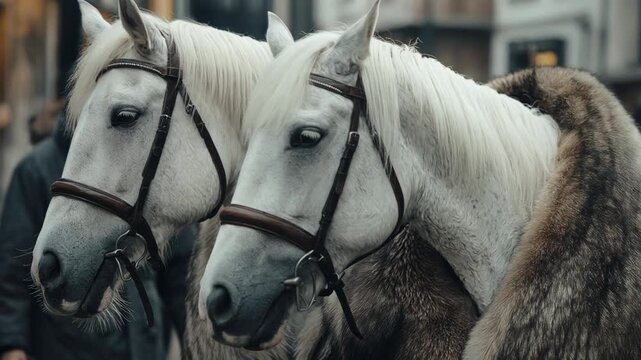 Two beautiful white horses with bridles standing together during a historical reenactment event