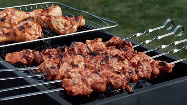 Pork skewers and chicken feet marinated grilling on rack over coals, spring barbecue in backyard