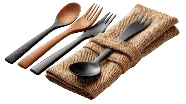 Rustic Tableware Trio: A meticulously arranged assortment of spoons and forks in diverse materials, nestles on a textured linen wrap, inviting an experience of natural dining