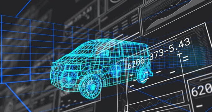 Cyan van wireframe centering as auto booting for design, HUD panels sliding, data aligning to hubs