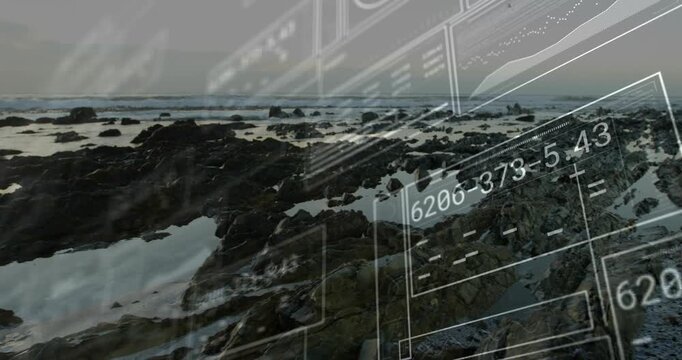 Vertical video: UI sliding over rocky pools cam panning driving data charts for coastal monitoring