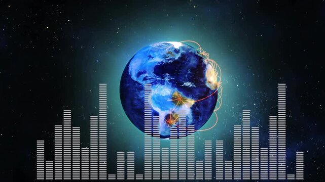 3D Earth globe rotating in space audio bars pulsing and causing orbital arcs showing tech network