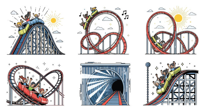 Colorful illustration depicting various segments of a thrilling rollercoaster ride