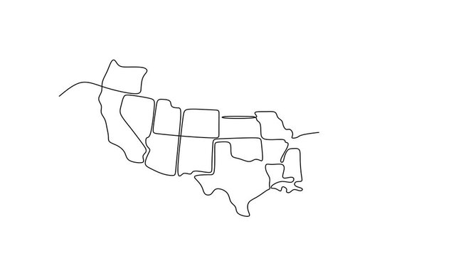 Animated self drawing of continuous line draw of  United States Map.  Full length one line animation. 4K	