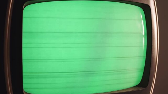 Television vintage cathode ray tube with green screen and horizontal lines, nostalgic retro TV set with empty display
