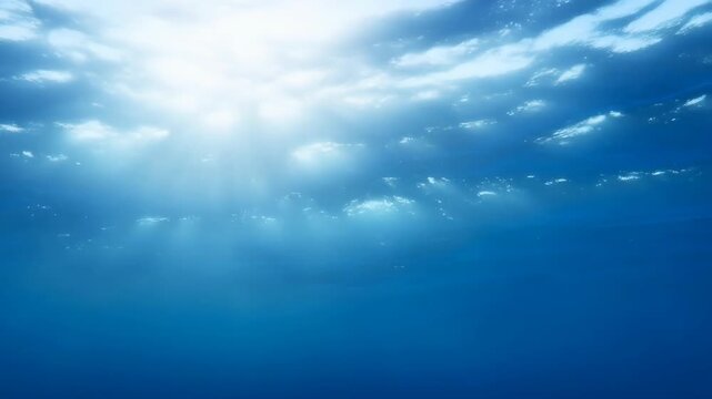 Ocean surface background from underwater view with sun rays and blue water featuring sea, sunlight, wave with sunlight filtering and oceanography