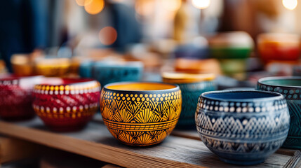 Fototapeta premium Traditional ceramic pottery with hand-painted cultural patterns displayed on a market stall, regional heritage craftsmanship, artisan culture photography, with copy space