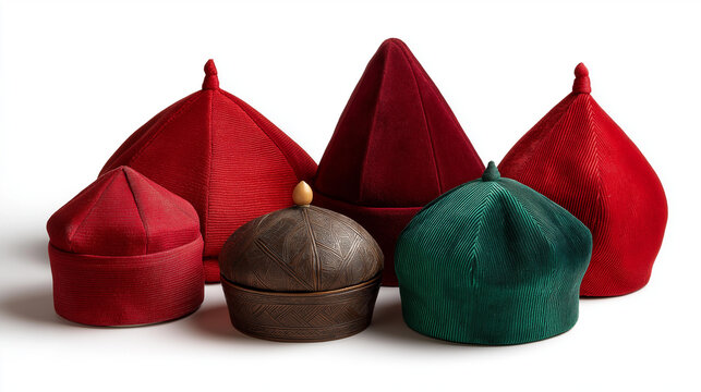 Collection of traditional Ottoman and Middle Eastern fez and topi hats isolated on a white background, cultural religious headwear set, heritage accessories concept, with copy