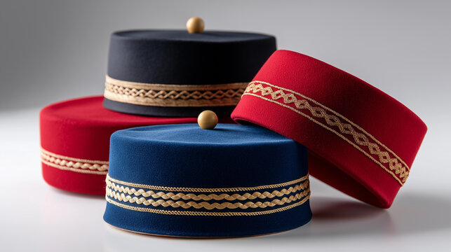 Collection of traditional Ottoman and Middle Eastern fez and topi hats isolated on a white background, cultural religious headwear set, heritage accessories concept, with copy