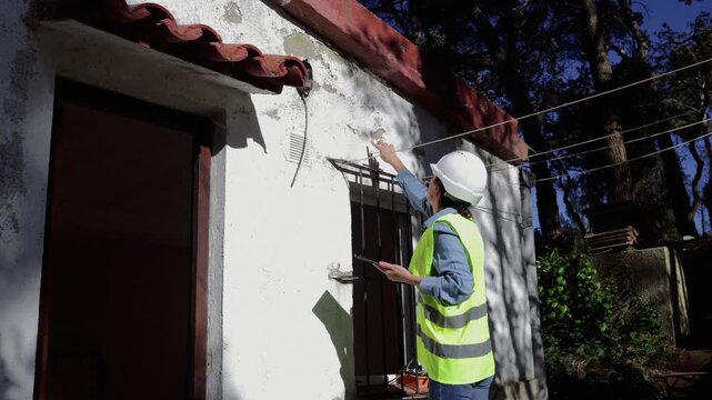 Female civil engineer with tablet inspecting house facade for structural damage, analyzing building safety and identifying potential problems for renovation