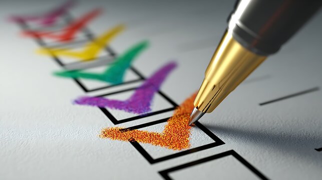 A gold pen marks a checkbox with a vibrant orange tick on a form.