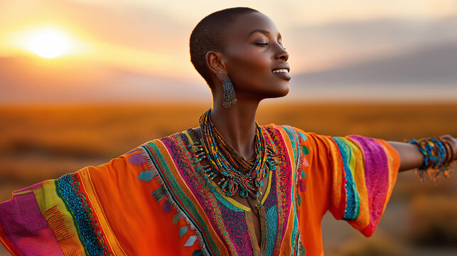 Confident African woman in vibrant traditional clothing standing with open arms in a sunlit savanna landscape, cultural pride, heritage fashion, empowerment and identity, with