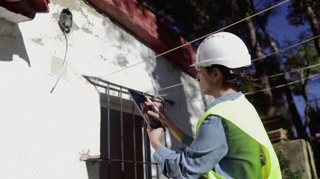 Female civil engineer inspecting an old building facade with a tablet. Construction manager checking property damage and taking notes for renovation work on a sunny day