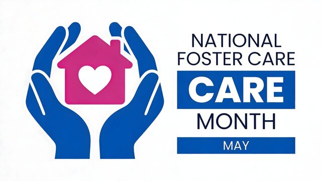 National foster care month logo showing blue hands holding a pink house with a heart representing support for children