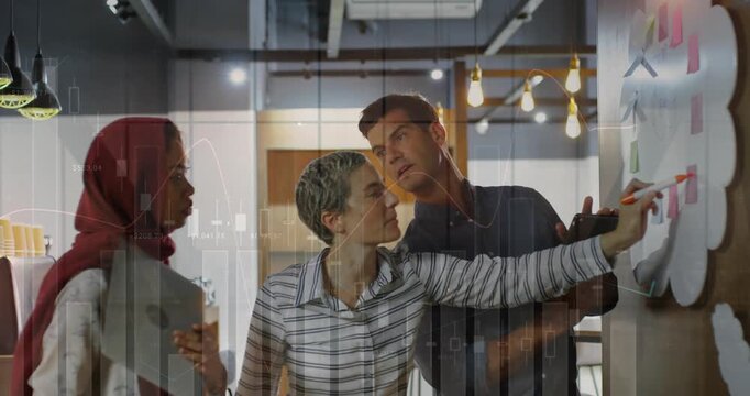 Business team planning board, man pointing tablet leading note placing, chart overlay mapping goals