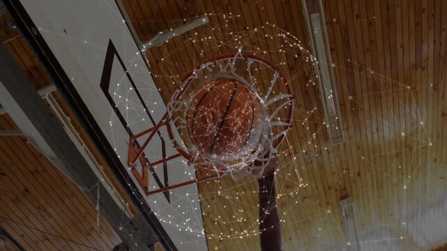 Hoop, player launching ball, ball hitting rim then passing net, particles gathering to show score