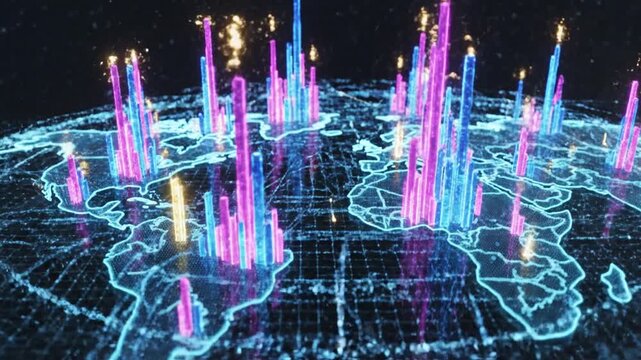 Futuristic global digital map design with luminous neon spikes, radiant data clusters, and intricate network connections representing high-tech information flow, cyber intelligence, and cloud server.
