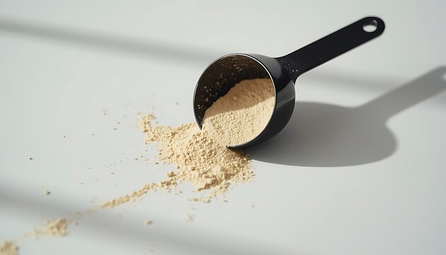 A scoop of protein powder spilled on a white surface