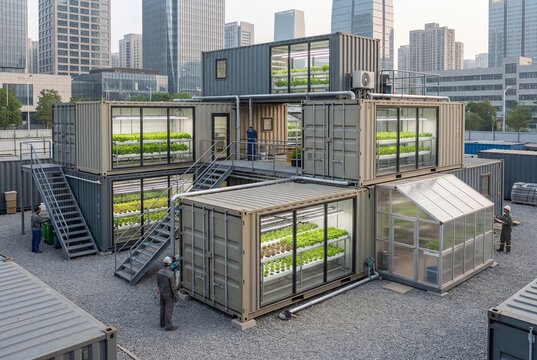 Sustainable urban vertical farm with fresh hydroponic lettuce growing inside repurposed shipping containers, workers overseeing cultivation, set against a modern city skyline.