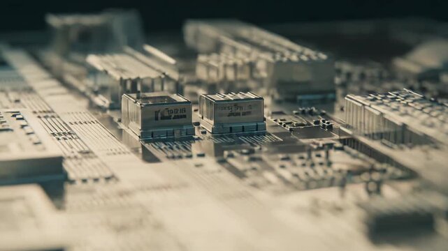 Microchips and semiconductors populate a complex circuit board, symbolizing advanced hardware engineering, computational power, and the intricate architecture of modern digital systems