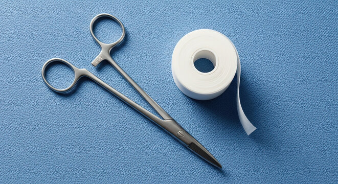 Medical scissors and adhesive tape on blue background  