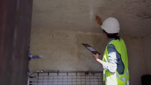 Civil engineer wearing a hard hat and safety vest using a tablet to inspect a concrete structure for damage, moisture, and cracks on a construction site