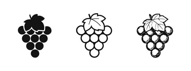 Fototapeta premium Grapes Icon Set with Leaf. Vineyard Fruit and Wine Vector Graphics.