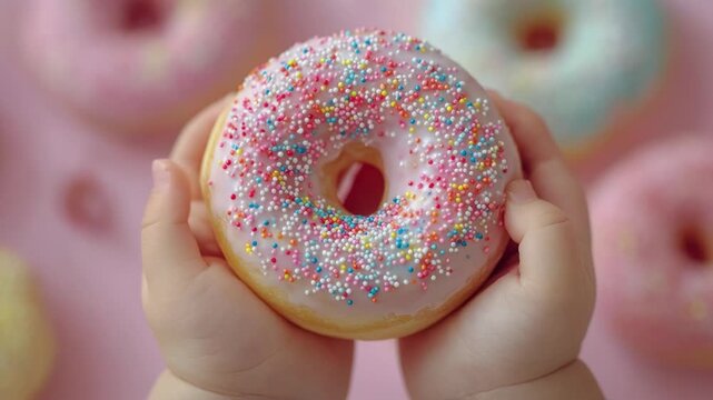 Child's small hands holding a delicious donut with pink icing and colorful candy sprinkles
