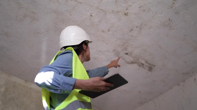 Building inspector examining severe mold and moisture damage on a basement ceiling, documenting structural issues with a digital tablet for property assessment and remediation planning
