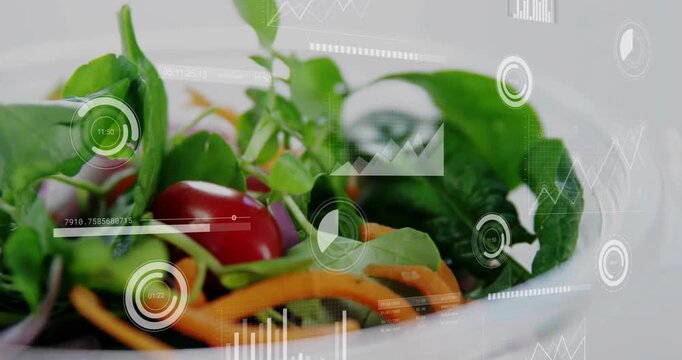 Vertical video: Camera zooming in on salad bowl, HUD dials, charts moving, marking tomato for food