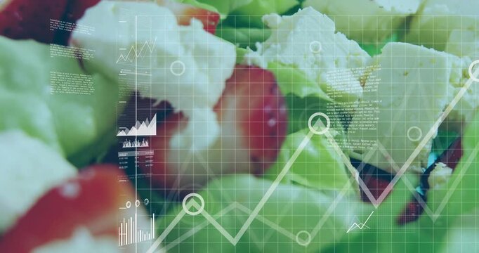 Salad ingredients filling closeup while HUD fading in, overlaying charts, grids for food marketing