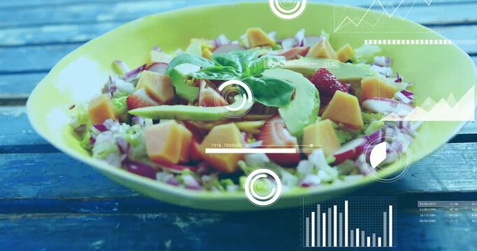 HUD sliding, camera pulling back, yellow bowl salad centered while graphs sliding showing nutrition