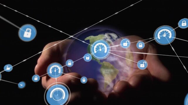 Hands cradling lit globe in dark studio central dial appearing spawning tech network showing links